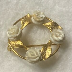 Karen Lynne (KL) 12 K Gold filled wreath brooch with carved white roses  Vintage